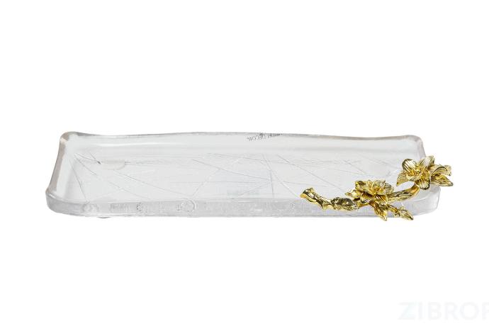 55RG5983L Поднос стеклянный с золотым цветком  35*14*5см в Ярославле